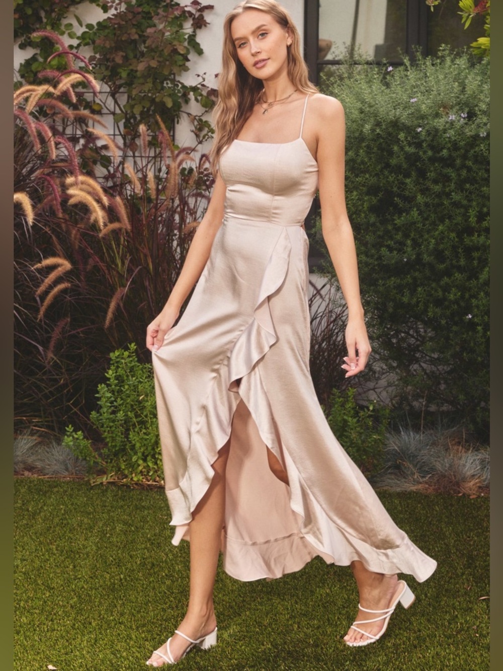 Dress Forum Champagne Satin Lace-Up Back Ruffle Maxi Dress Size M